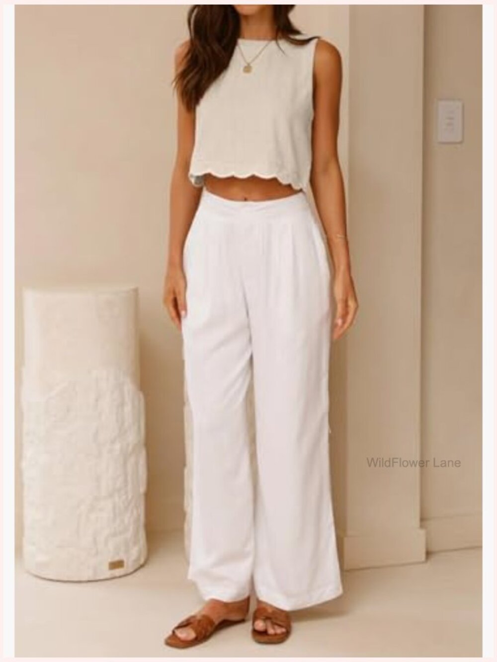 High Neck Linen Cropped Tank Top Scallop Hem Sleeveless Blouse - Picture 5 of 6